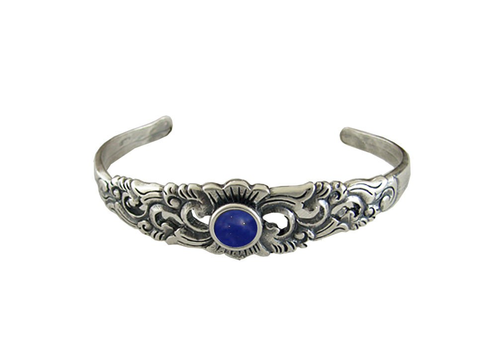 Sterling Silver Detailed Cuff Bracelet With Lapis Lazuli